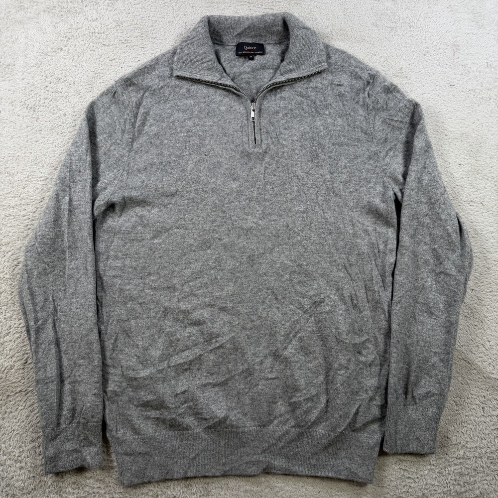 Quince Sweater Mens Medium Grey 100% Mongolian Cashmere 1/4 Zip Pullover Soft